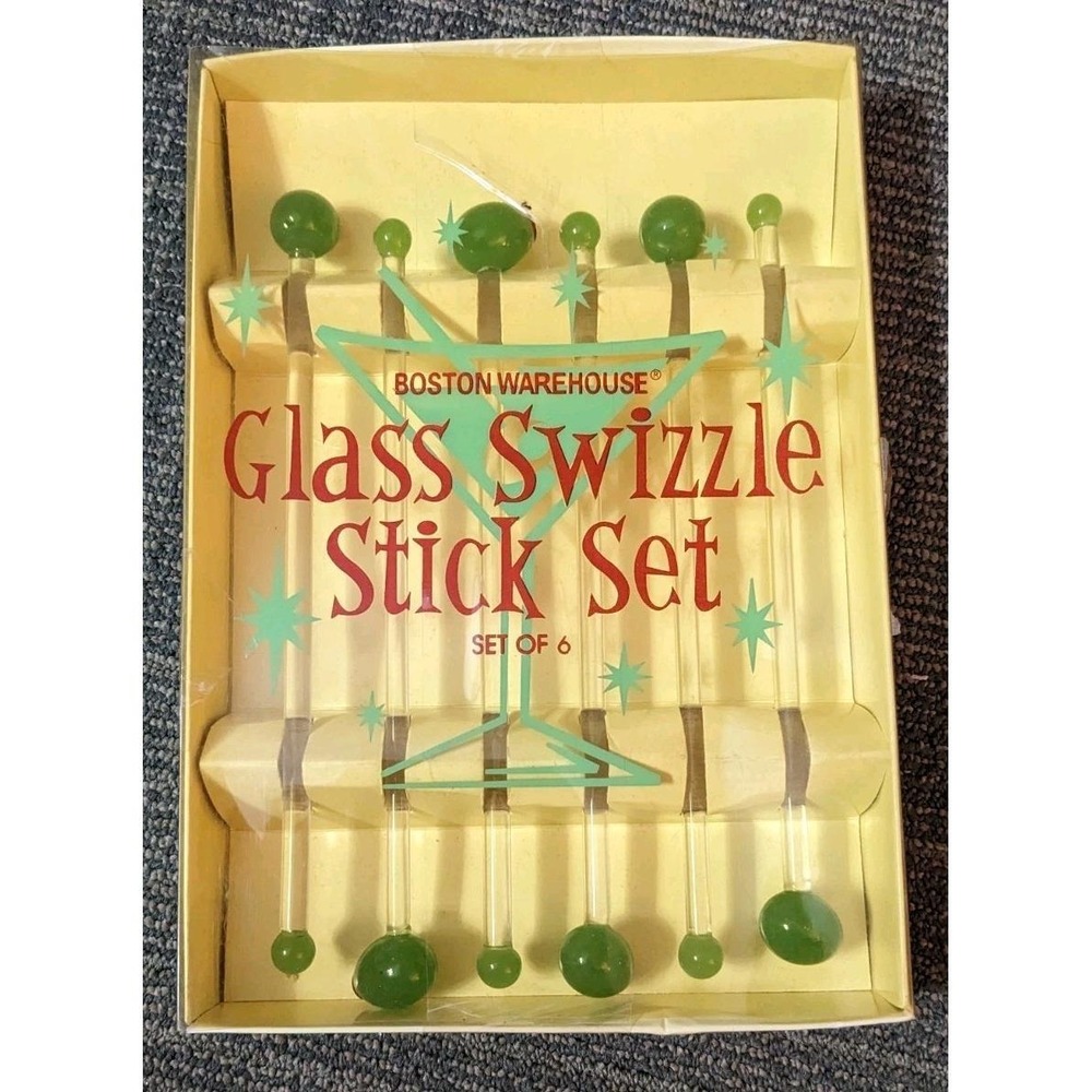 Boston Warehouse 2002 Retro Glass Olive Swizzle Sticks Set‎ Of 6 Olives 8"
